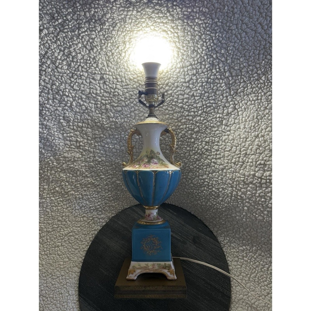 Vtg French Sevres Style Porcelain Urn Lamp Blue Floral Gold Signed Antique Decor - Picture 2 of 12
